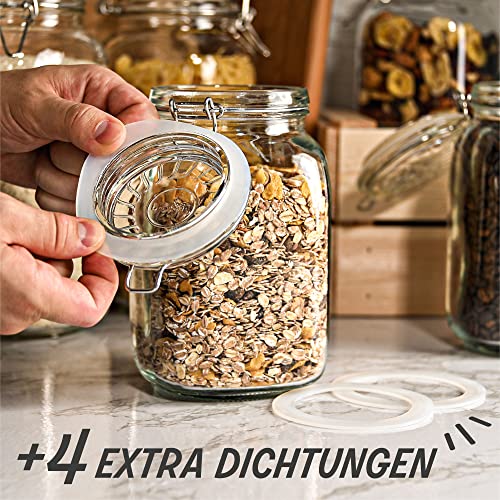 Foto von Praknu 4 Einmachgläser mit Bügelverschluss 1,5l - Mit Etiketten, Stift und extra Silikondichtungen - Platzsparend durch eckige Form - Spülmaschinenfest