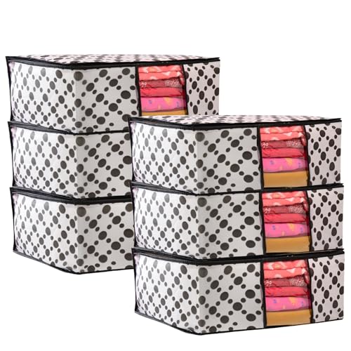 Image of Non-Woven Saree Covers with Zipper & Transparent Window | Clothes Storage Bags for Wardrobe Organization | White Dustproof Garment Storage box with Black Dot for Sarees and Clothes (Pack of 5)