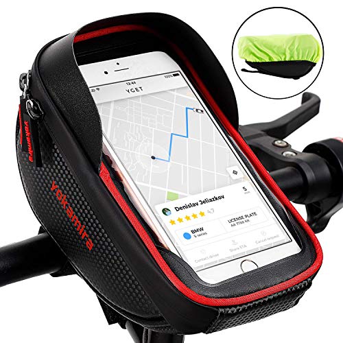 yokamira Sacoche Guidon Vélo, Sacoche Velo Cadre Avant Etanche Ecran Tactile Transparent, Support Téléphone Vélo du VTT Moto pour iPhone, Samsung, Huawei sous Smartphone 6,0 Pouces, Noir & Rouge
