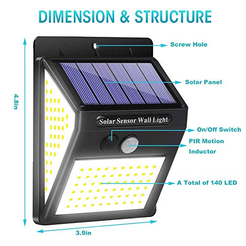 Solar Light Outdoor, LED Solar Motion Lights 3 Working Modes with 140 Led Chips Waterproof Wireless Easy to Install Motion Sensor Security Lights for Pathway, Front Door, Back Yard, Driveway, Garage