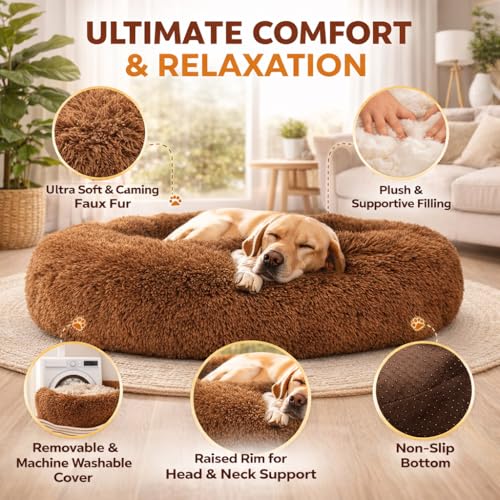 Image of ZEXSAZONE Summer Round Donut Pet Bed for Cats, Puppies, and Dogs, Cozy and Plush, Raised Bedside Support, Both Sides Use Like 2-in-1, Washable, Sizes for Small, Medium, and Large Pets. (Brown, XL)