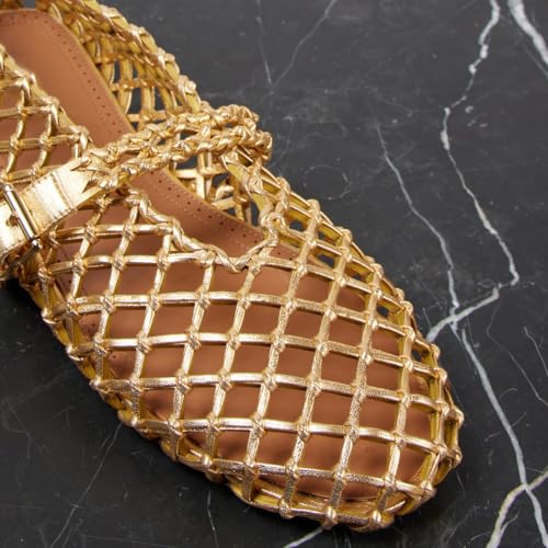 Women's Fishnet Ballet Flats Woven Breathable Ballerina Shoes Buckle Strap Black Round Toe Casual Work Shoes2