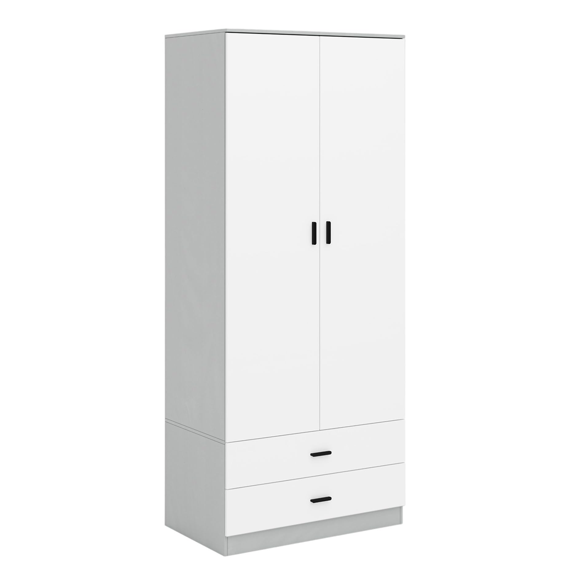 URBNLIVING Tall Wooden 2 Door Wardrobe With 2 Drawers Bedroom Storage Hanging Bar Clothes (Grey Carcass + White Drawers)
