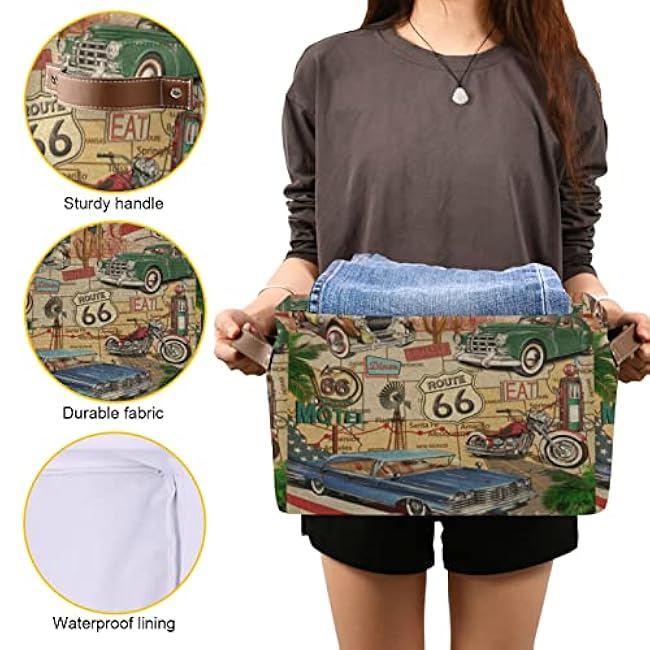 Vintage Route 66 Poster Car Motorcycle on American Flag 1 PC Rectangle Storage Basket Collapsible Fabric with Leather Handles Bag Organizer Clothes for Home Bedroom 15 x 11 x 9.5 in