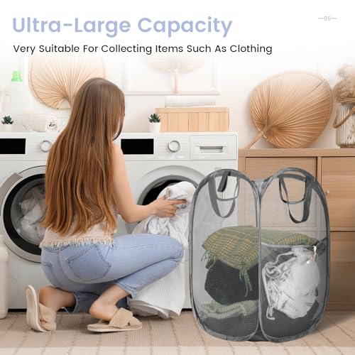 Image of HOUSE AGAIN 2Pack Strong Mesh Pop Up Laundry Hamper, 70L Collapsible Laundry Basket with Steel Frame, Double‑Stitched Handles & Side Pocket, Foldable Dirty Clothes Hamper for Dorm, Bedroom, Grey