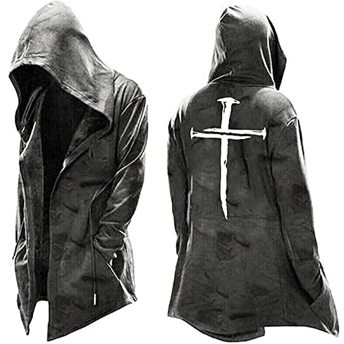 Mens Hoodie Long Sleeve Assassin's Creed Fashion Coat Premium Open Front Stretchable Hooded Cardigan with Pockets White