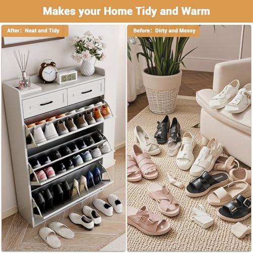 CuisinSmart Shoe Cabinet with 3 Flip Drawers and 2 Storage Drawers, Easy to Store 18-24 Pairs of Shoes, Adjustable & Removable Panel, Shoe Storage Cabinet for Entryway, Hallway, White
