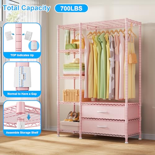 Ulif F3 Heavy Duty Clothes Rack(With Fabric Drawers)Freestanding Clothing Racks for Hanging Clothes,Adjustable Closet Organizer System,Portable Garment Rack 40\" W x 15\" D x 72\" H,Max Load 700LBS,Pink