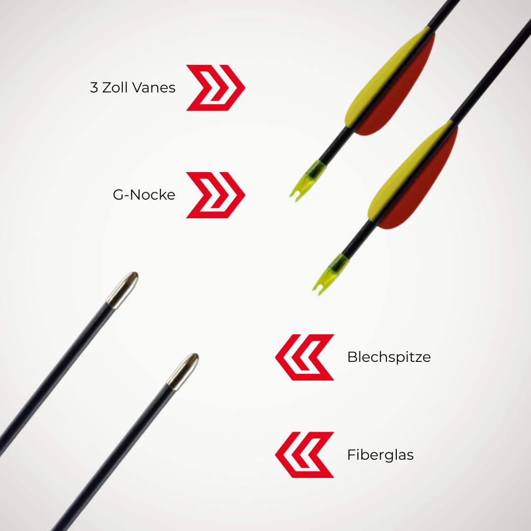 BLACK BOLT Fiberglaspfeile 32 Zoll für Lang- und Recurvebögen bis 30 lbs | 10er Set mit gelb-roter Kunststoffbefiederung, abgerundeter Blechspitze, Kunststoffnocke
