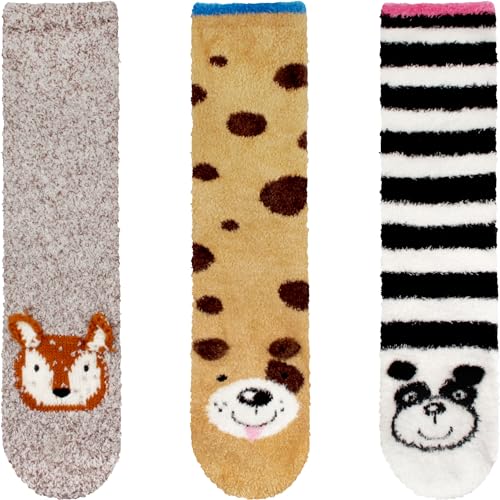 Image of BambooMN Super Soft Warm Cute Animal Face Non-Slip Fuzzy Crew Winter Home Socks, Value Pack