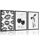 ブラック ホワイト 美的 ウォールアート コケット リボン ファッション キャンバス 壁 装飾 プレッピー チェリー ポスター ヴィンテージ 女の子 部屋 装飾 弓 写真 トレンディな唇 キス プリント ガーリー 寝室 12x16インチ ブラック フレーム 3枚