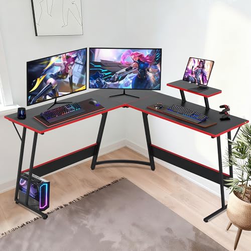 Image of L Shaped Gaming Desk, 50 inch Corner Desk, Spacious Dual Tops, P2 Particleboard, Metal Z-Legs, Adjustable Non-Slip Pads, Scratch /Waterproof, Multi-Use Home Office /Game Room /Dorm