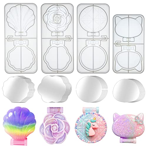 Compact Mirror Jewellery Making Epoxy Resin Silicone Moulds Seashell Cat Rose Round with Acrylic Mirrors Supplies 44-kit