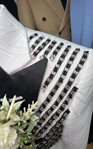 Men's Suits Slim Fit White Jacquard Jacket Suit Luxury Tuxedo with Bead Rhinestone for Wedding Groomsman Set 6