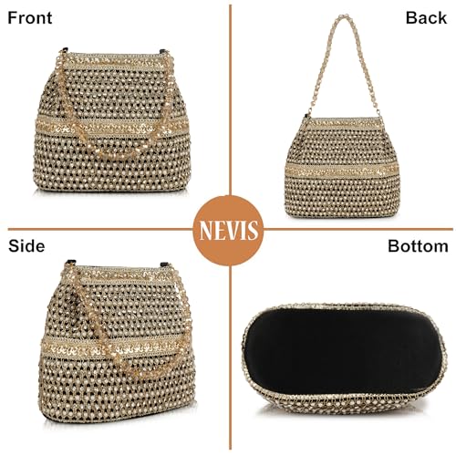 Image of Nevis Silk Fabric Premium Pearl & Crystal Embroidered Potli Bag for Women | Ethnic Bridal Clutch with Golden Handle | Party & Wedding | Potli Bag