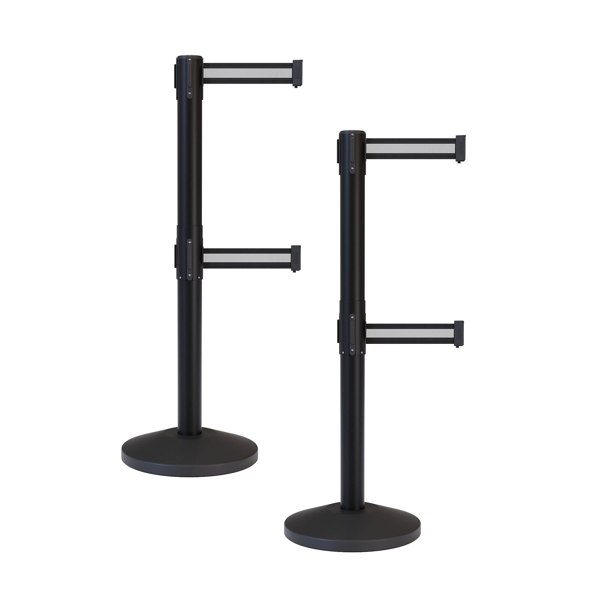 Crowd Control Warehouse CCW Series RBB-100D Set of 2 Stanchion Retractable Belt Barriers - Sloped Base, 11 Foot, Black with White Horizontal Stripe Dual Belt with Black Post - Easy Assembly