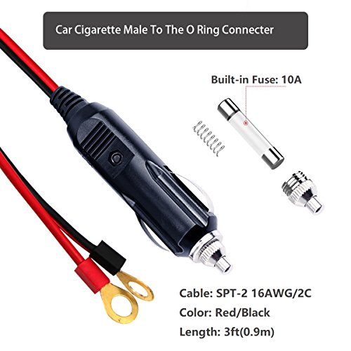 Male Cigarette Lighter to O Ring Terminal Harness Extension Cable - 12V-24V Power Supply Cord Adapter Fuse 15A 16AWG Cable Wire for Car Inverter Air Pump Sprayer Compressor and DIY (3FT)
