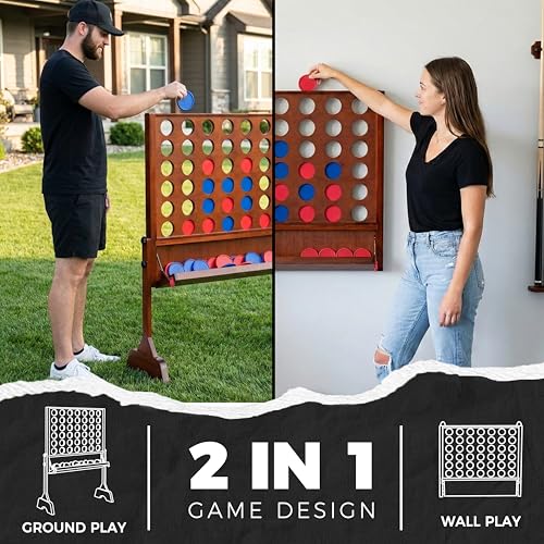 Image of Height Adjustable (2.75-3.75 FT) Giant Wooden 4 in A Row Game | Foldable Tray, 2 Styles of Play: Wall Mounted or Set-up on Ground, Carrying Case, Detachable Legs