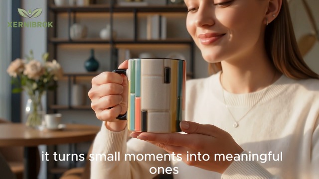 Taza de café con patrón geométrico y asa roja miniatura 7