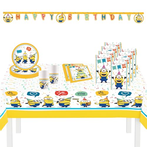 Procos 10215308DY - Set de fête Minions The Rise of Gru, 46 pièces de vaisselle jetable pour anniversaire d'enfant et fête à thème, décoration de table, unbekannt