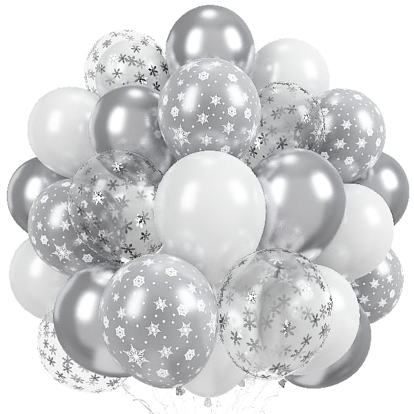 Pearl White and Silver Balloons, Winter Wonderland Snowflake Balloons