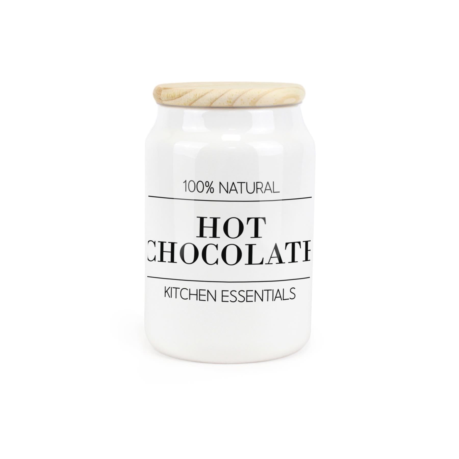 Purely Home Minimalist Ceramic Hot Chocolate Canister - Simplistic Black & White Kitchen Food Storage Container & Wooden Lid 600ml (14.5cm x 9.5cm)