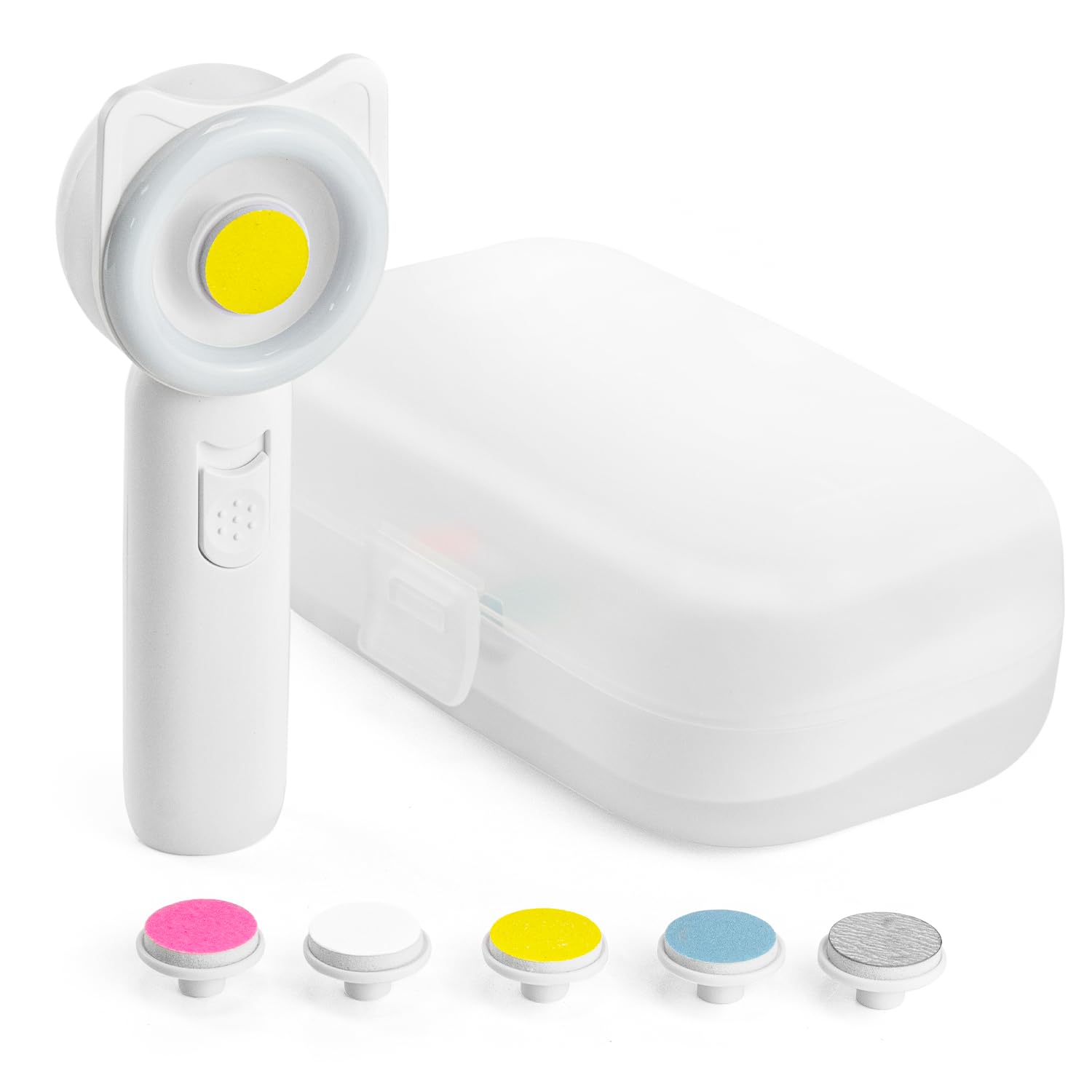 Majillux Lima de Uñas Eléctrica para Bebé en Forma de Gatito - Kit de Manicura para Recién Nacidos con 5 Cabezales de Pulido y 2 Velocidades, Ideal desde 0 a 36 Meses, No Incluye Pilas