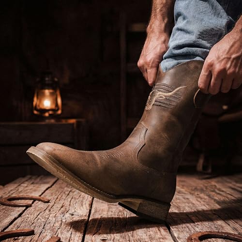 Image of Winbird Cowboy Boots For Men Wide Square Toe Western Slip Resist Mens Boots | Vegan /Genuine Leather Retro Country Patriot Pull On Chunky Heel Boots for Spring Fall, Botas Vaqueras Para Hombre
