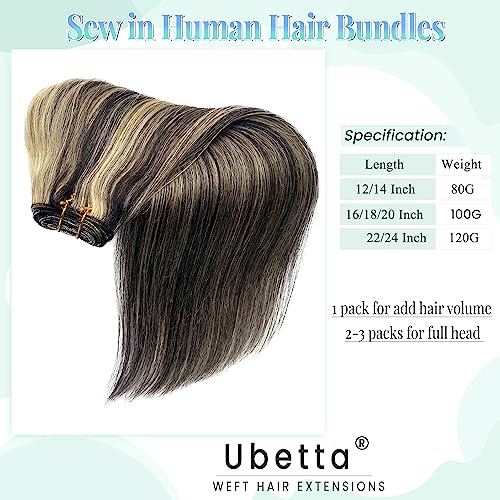 Image of Weft Hair Extensions Human Hair, 16 Inch 100G Sew in Hair Extensions Real Human Hair Wefts Natural Black and Blonde Highlights Hair Extension Real Human Hair Weave Bundles for Women