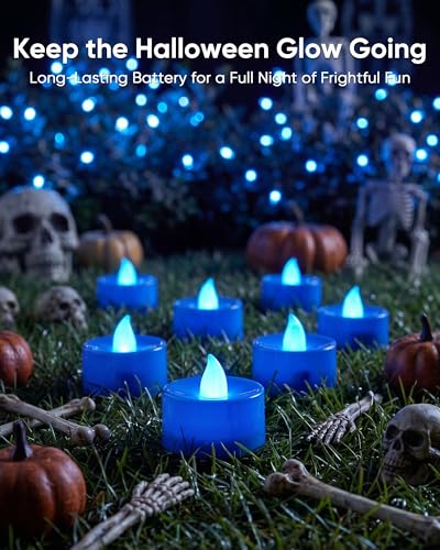 Image of Homemory Blue Tea Lights Candles Battery Operated, Flickering Flameless LED Votive Candles, Pure White Tealights for Wedding, Party, Ocean Dinner, Winter Wonderland, Hanukkah Decor, 24-Pack