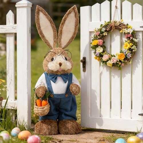 Juegoal Easter Bunny Decor, 32'(2.6FT) Large Standing Sisal Rabbit Figurine, Handmade Easter Straw Mr. Bunny Statues, Cute Photo Props Gifts for Farmhouse Spring Home Porch Decorations