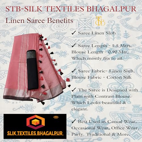 Image of STB-SILK TEXTILES BHAGALPUR Women's Linen Slub Saree With Contrast Blouse Piece