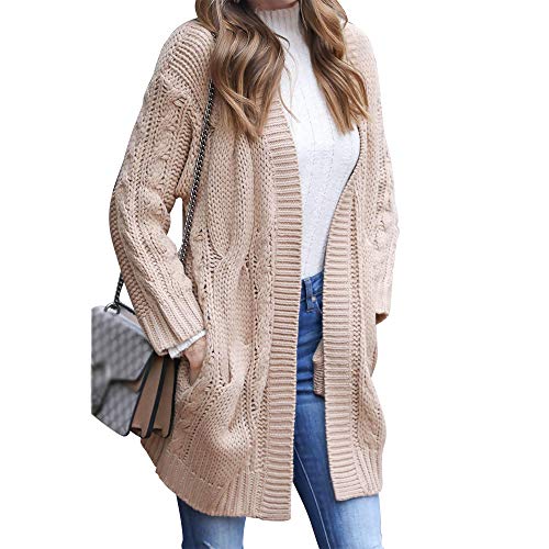 Exlura Women's Long Sleeve Open Front Cable Knit Cardigan Sweaters with Pockets Apricot