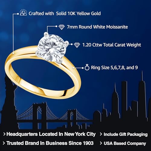 Gem Stone King 10K Yellow Gold Moissanite Solitaire Engagement Ring For Women | 1.20 Cttw | Round 7MM | Available In Size 5, 6, 7, 8, 92