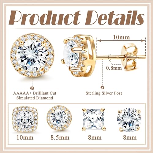 MILACOLATO Cubic Zirconia Stud Earrings for Women Men | 18K Gold Plated Hypoallergenic Sterling Silver Post Earrings | Big Brilliant Simulated Diamond CZ Halo Stud Earrings for Sensitive Ears4