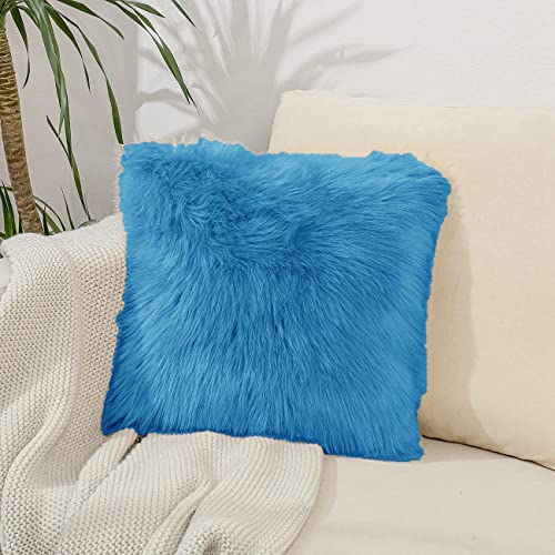 Image of Fur Cushion Pillow Cover for Set of 2 Pillow - 13x13 Inches (Blue)