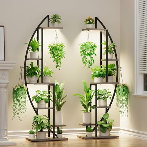 Image of BACEKOLL Plant Stand Indoor with Grow Lights, 6 Tiered Tall Plant Shelf, 63 inch Metal Plant Stand for Indoor Plants Multiple, Half-Moon Plant Rack Display Shelf, 2 Pcs Plant Holder for Living Room, Grey