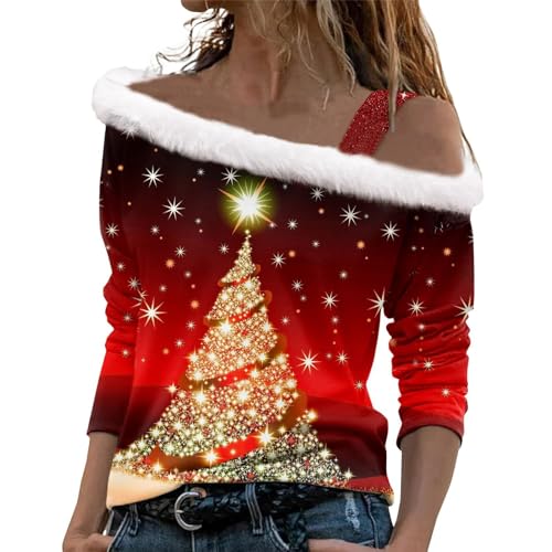 Weihnachtspullover Damen 3D Druck Plüsch Schulterfrei Langarm Shirt...