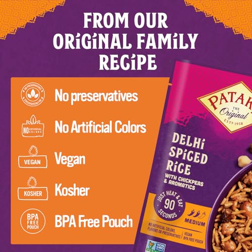 Image of Patak's Delhi Spiced Rice - Fragrant Basmati Rice w /Chickpeas, Onion & Tomato - Kosher, Vegan Microwavable Meal Ready in 90 Seconds - Ready To Eat Rice For Quick Lunch Or Dinner - 10.05oz (Pack of 6)