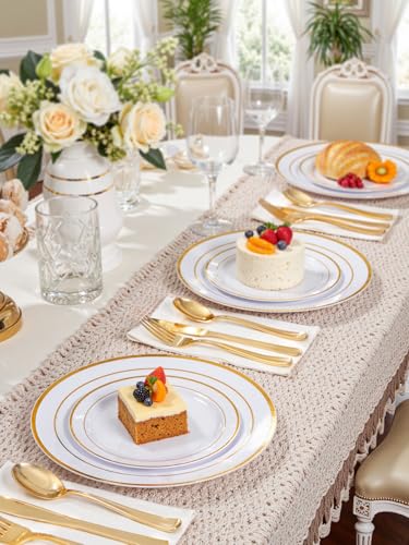Image of WDF 120 Pieces Gold Disposable Plastic Plates - White and Gold Plates Include Dinner Plate & Salad Plate for Party Baby Shower Wedding