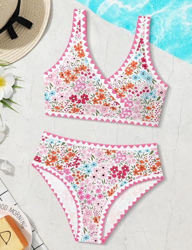 Image of KANGKANG Girls Swimsuit Bikini Set Solid Color V-Neck Two Piece Bathing Suit with Chest Pad Adjustable Straps Swimwear 7-16T