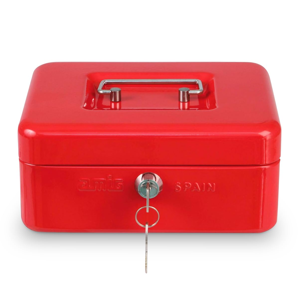 Amig Red - Secure Cash Box | Nickel-Plated Key Lock | Removable Coin Tray | Durable Alloy Steel | Shockproof & Scratch Resistant | Easy Transport Handle, 250 X 180 X 90 Mm