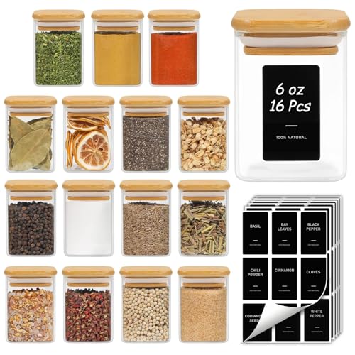 ComSaf 16Pcs Spice Jars with Labels, Glass Jar with Bamboo Lid, 6oz Airtight Square Containers with...