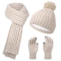 Utensilsto Mütze Schal Handschuh Set Damen, Beanie Gestrickte Wintermütze mit Bommel, Touchscreen Handschuhe, Schal, Fleece Gefütterte, Winteranzug für Joggen, Outdoor Sportarten und Skifahren