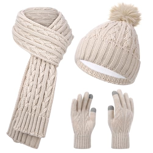 Utensilsto Mütze Schal Handschuh Set Damen, Beanie Gestrickte Wintermütze mit Bommel, Touchscreen Handschuhe, Schal, Fleece Gefütterte, Winteranzug für Joggen, Outdoor Sportarten und Skifahren