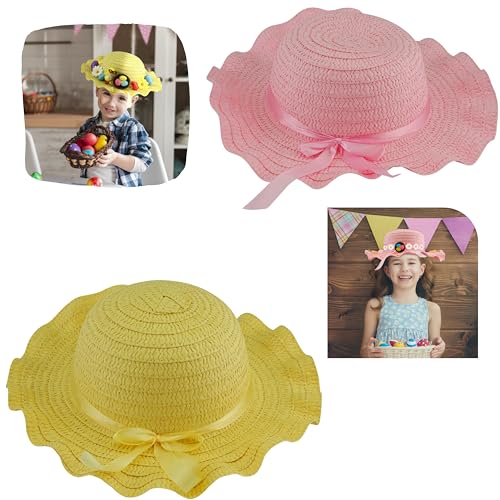 Gorro de Pascua para niños SRV Hub® con cinta de paja tejida colorida Gorro de Pascua decorativo ideal para la decoración del desfile escolar, (gorro amarillo y rosa)