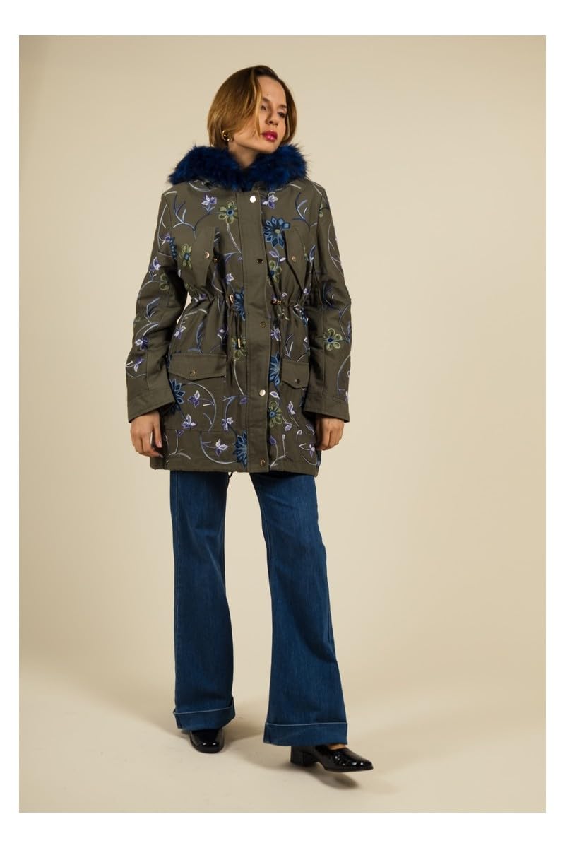 MULTIPLES Manteau kaki brodé de fleurs avec capuche en fourrure bleu, Grande taille disponible, Fabriqué en France