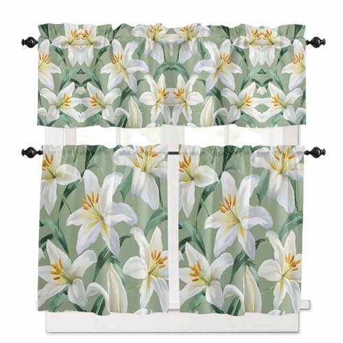Garden Flora Illustrations Kitchen Curtains 36 Inch Length, 3 Piece Rod Pocket Small Half Tiers and Valance Set, Spring Summer Botanical Small Large Window Treatment Decor for Bedroom/Bathroom Sink