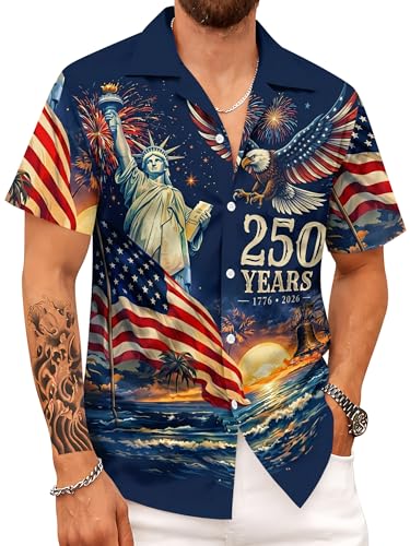 Patriotic Hawaiian Shirt for Men 250th Eagle Tropical Short Sleeve Button Down Americas Anniversary Hawaiian Shirt 4th of July Gifts XL