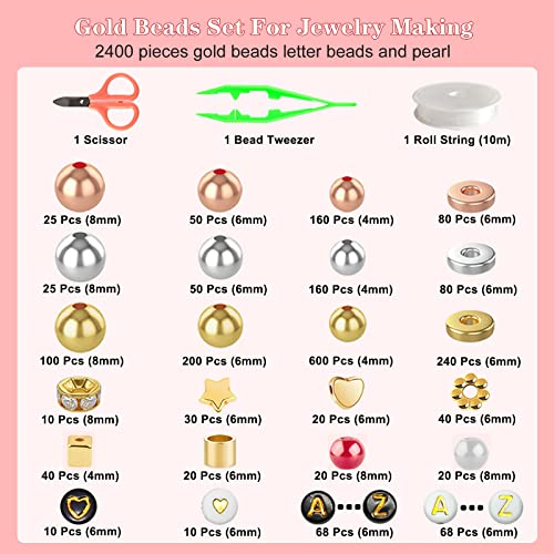 Redtwo 2400Pcs Gold Beads For Jewelry Making, Spacer Beads Set With Gold Letter Beads And Elastic Strings, Bracelet Making Kit For Girls 8-12 Gifts #TOP1